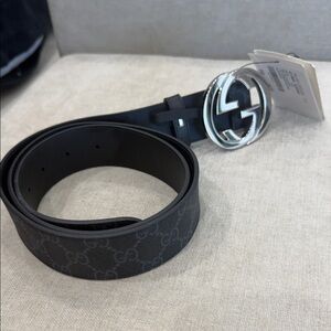 Gucci Black GG Monogram Leather Belt with Silver Double G Buckle